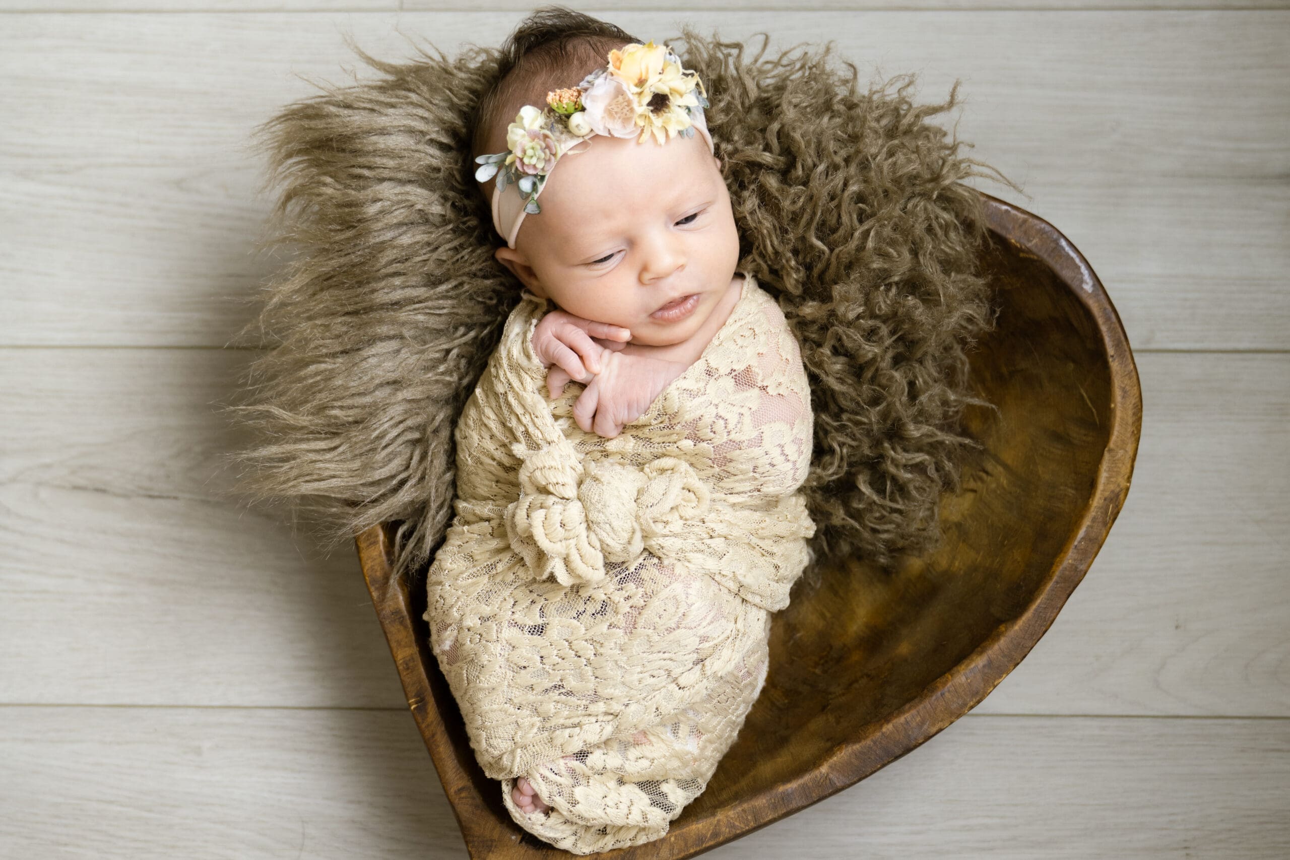 Image of a newborn swaddled in cream colored lace on a brown fur backdrop staring at the camera.